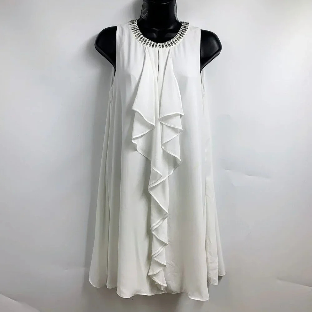 bcbgmaxazria Women's Lilleth Bejeweled Ruffled Sleeveless Flowy Dress Size XS